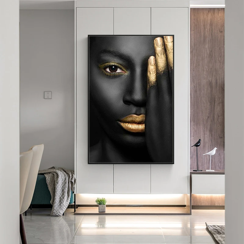 

Gold Sexy Lip Black Skinned Woman Portrait Canvas Painting Posters and Prints Cuadros Wall Art Picture for living Room Decor