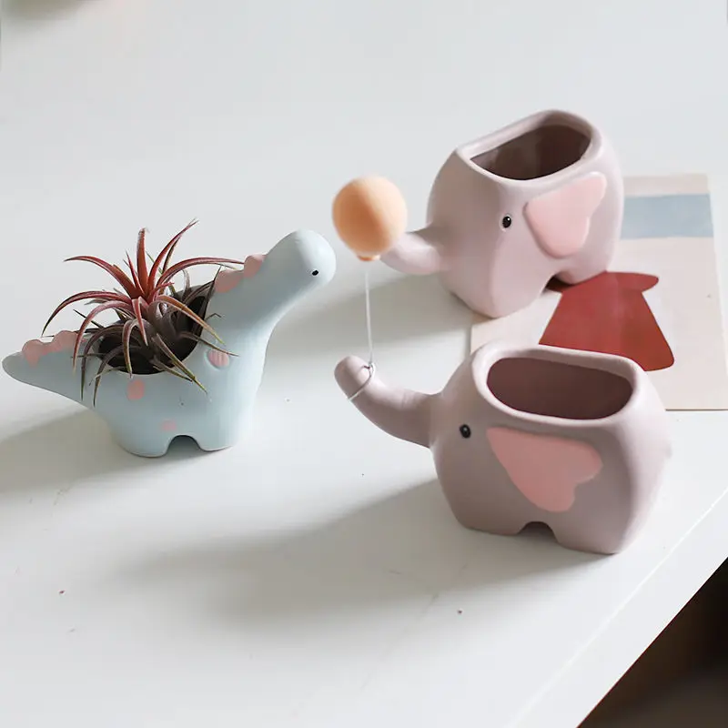 2pcs Creative Flower Shape Plant Pot Ceramic Pots for Flowers Cartoon Elephant Dinosaur Succulent Pot Cute Home Decor