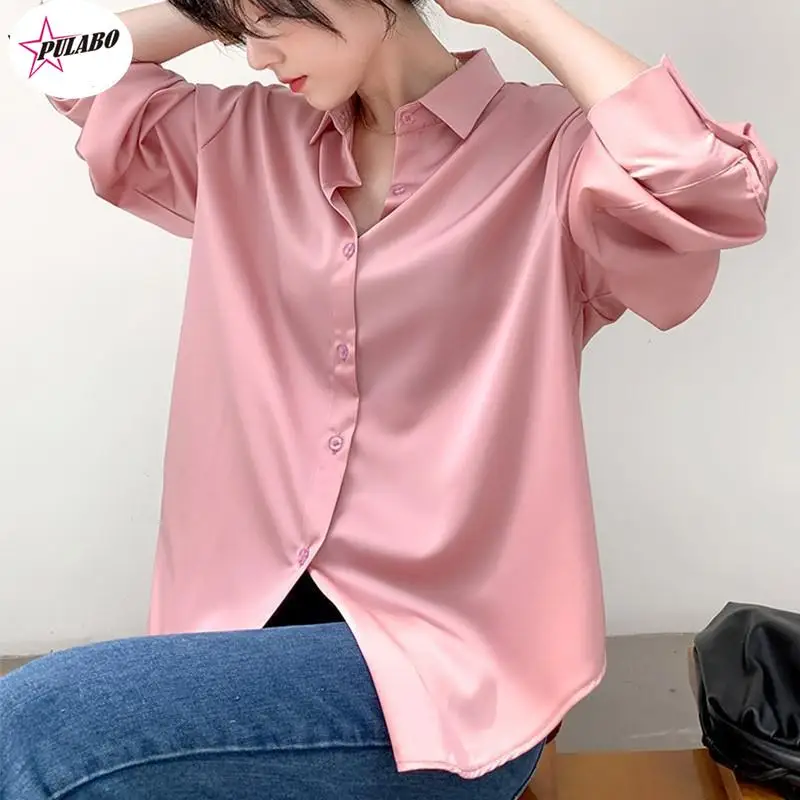 

Satin Shirt Womens Clothing Silk Shirts Vintage Blouse Office Lady Sheer Top Longsleeve Dress Shirt Ladies Overshirt