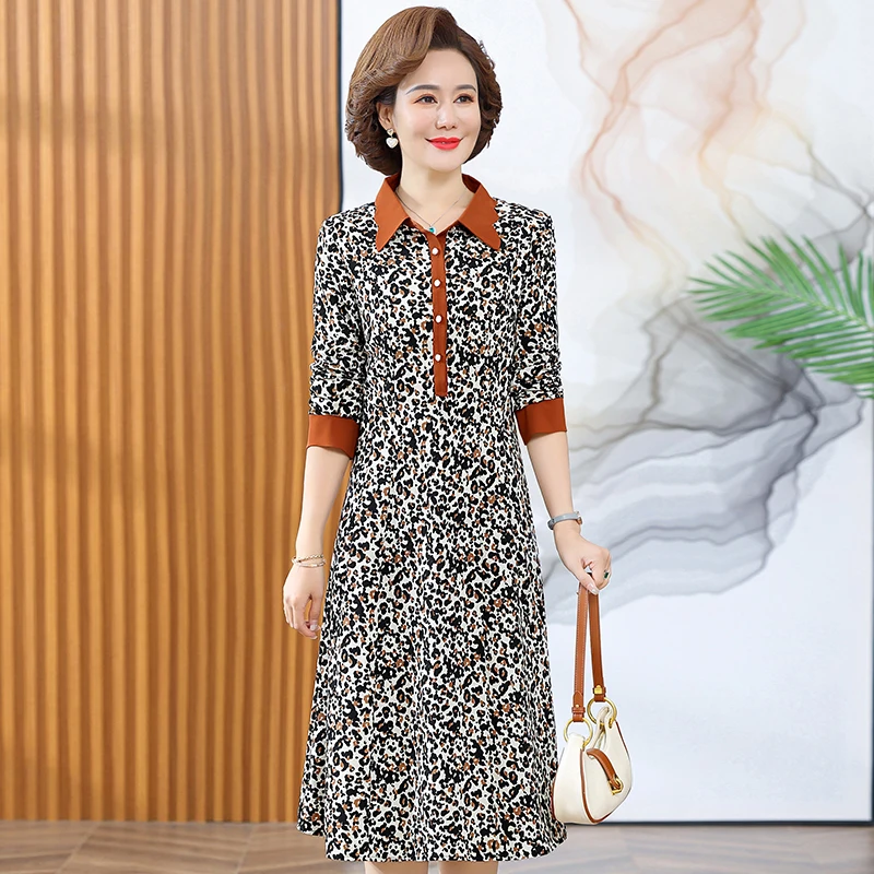 

Женское винтажное платье средней длины, элегантное модное платье с длинным рукавом и леопардовым принтом, одежда для лета