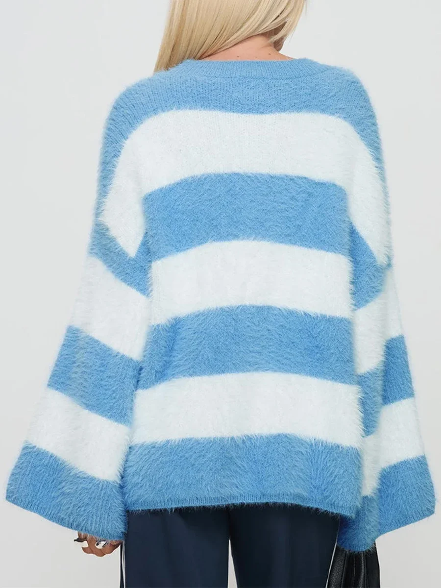 Новые модные женские свободные свитера из мохера с принтом в полоску круглым