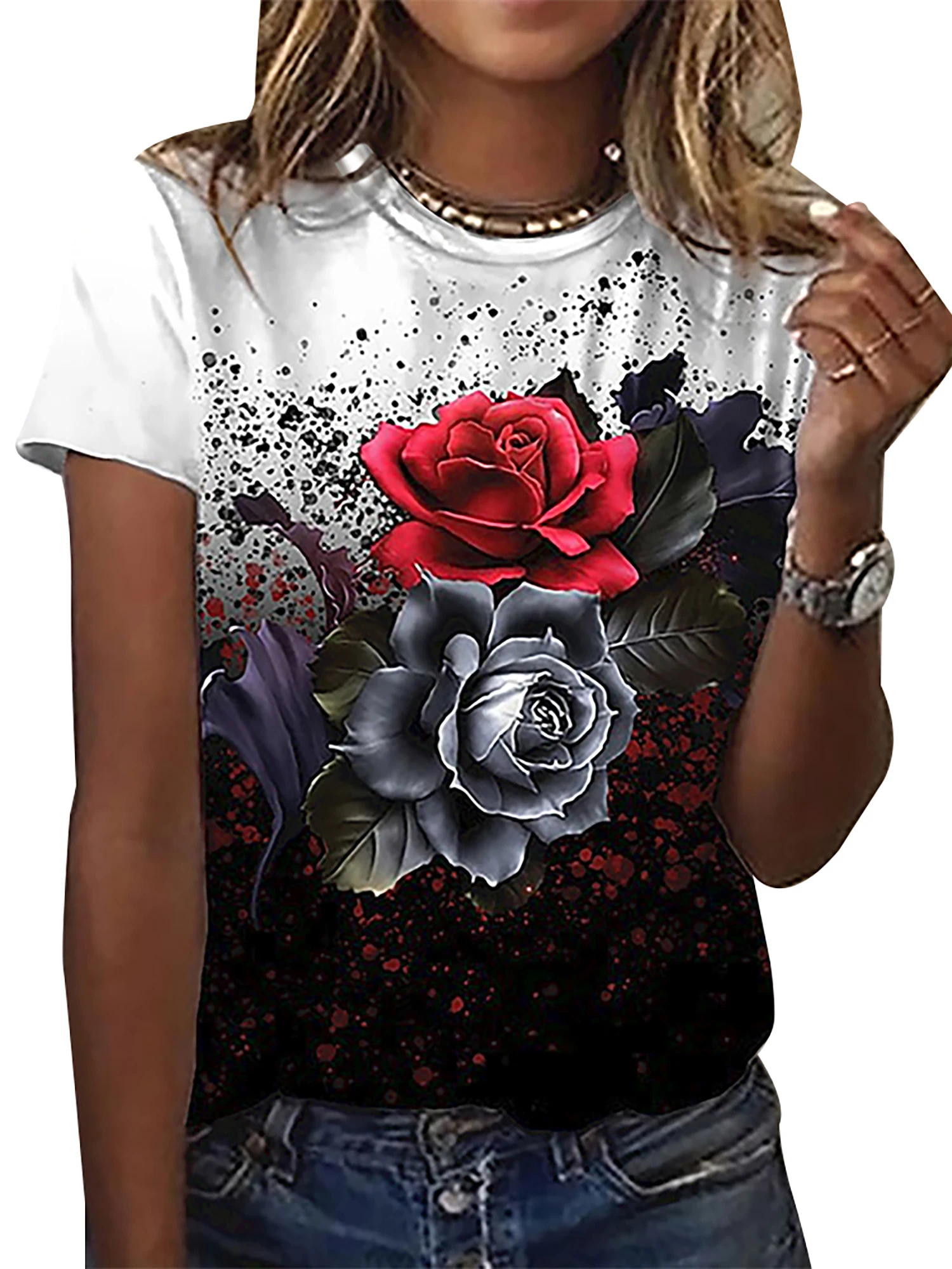 

Женский Повседневный пуловер с круглым вырезом и цветочным принтом, топы с коротким рукавом и круглым вырезом, женская футболка, летняя жен...