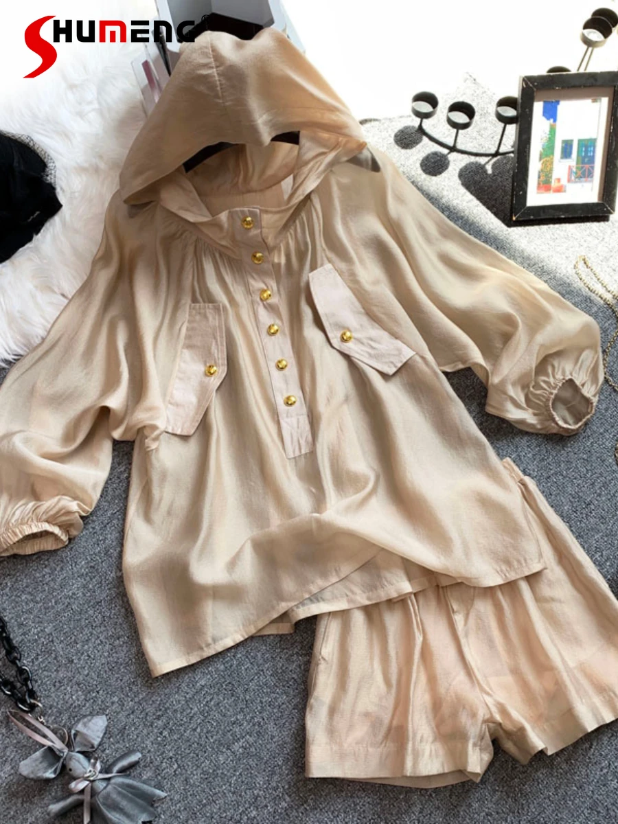 

Свободная Солнцезащитная рубашка с капюшоном, Топ с длинным рукавом, женские тонкие шорты с широкими штанинами, костюм из двух предметов, Но...