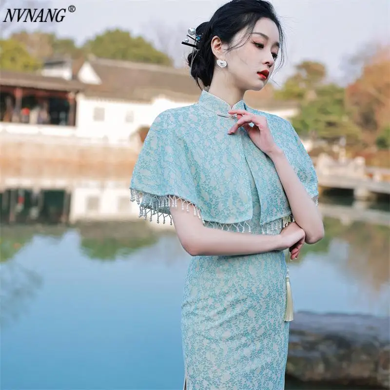 

Nvnang Chinese Cheongsam, Two-Piece Cape, Mid-Length Cheongsam Fairy Dress