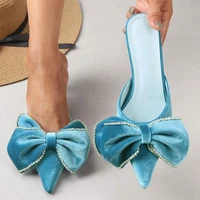 luxury women satin slippers with bow banquet crystal low heels butterfly slippers solid color summer women sandals shoes