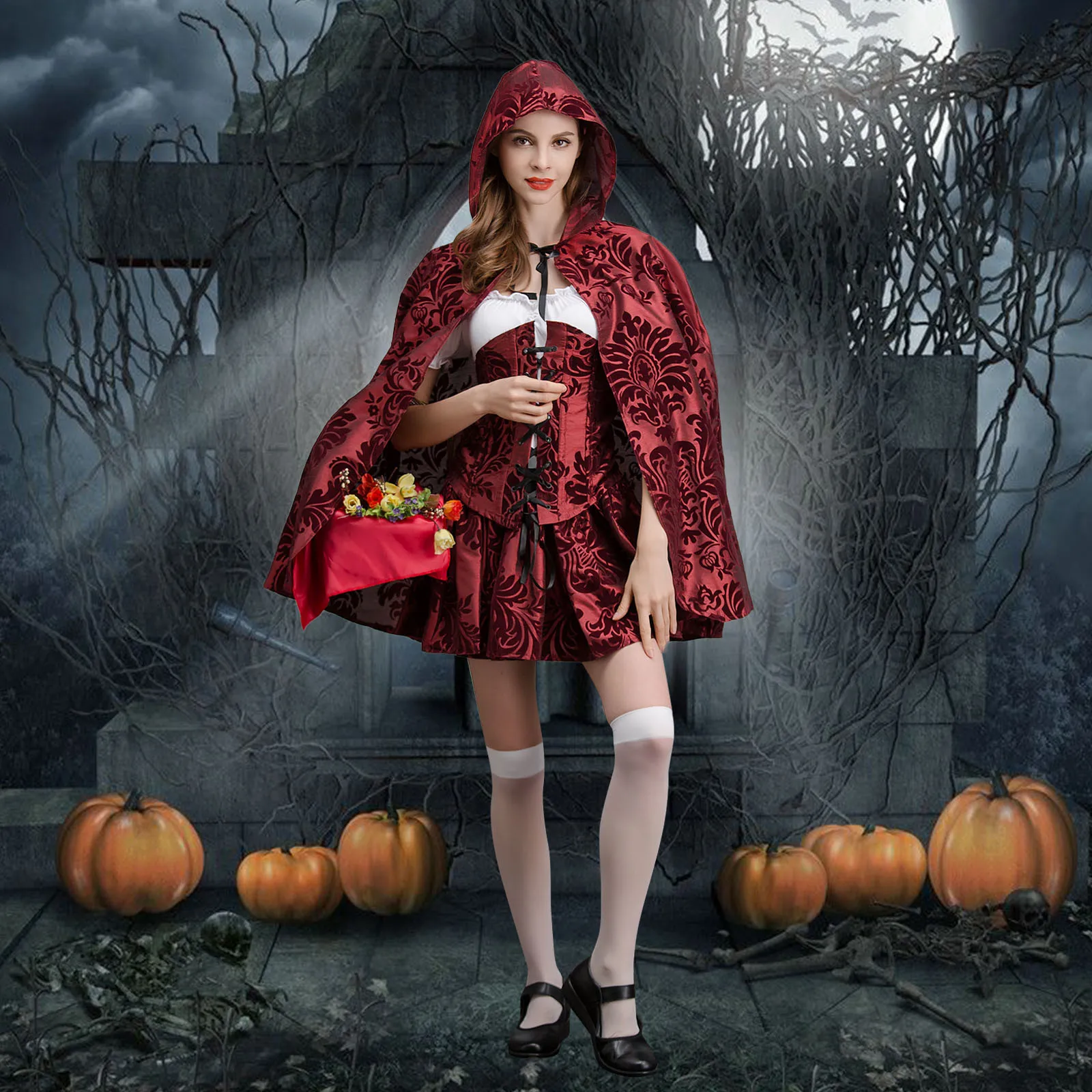 

Women's Halloween Masquerade Party Demon Cosplay Custume Set Red Witch Short Dress Cloak Gothic Dress Female Festival Vestidos