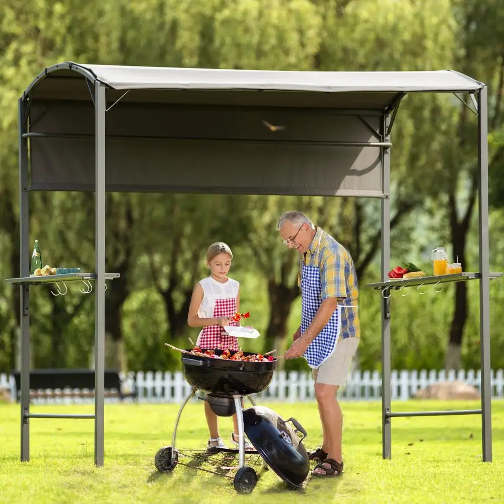 

Excellent BBQ Awning Multipurpose UV Resistant Grey Color Patio Gazebo with Bar Counters Storage Hooks