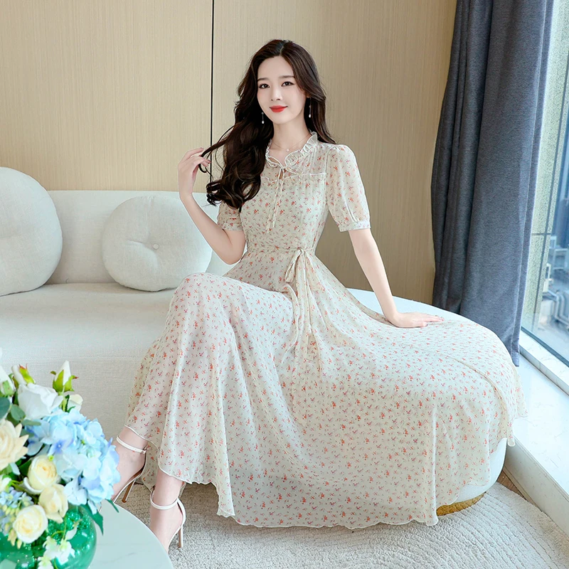 

Chiffon Short-sleeved Printed Dress Western-style Women Dress