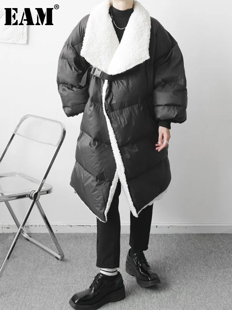 

[EAM] Black Big Size Long Cotton-padded Coat Long Sleeve Loose Fit Women Parkas Fashion Tide New Autumn Winter 2023 1DF0909