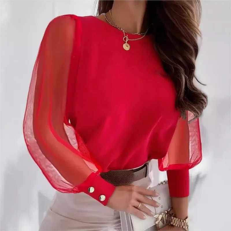 Модная женская блузка на весну и осень повседневный простой красный кружевной