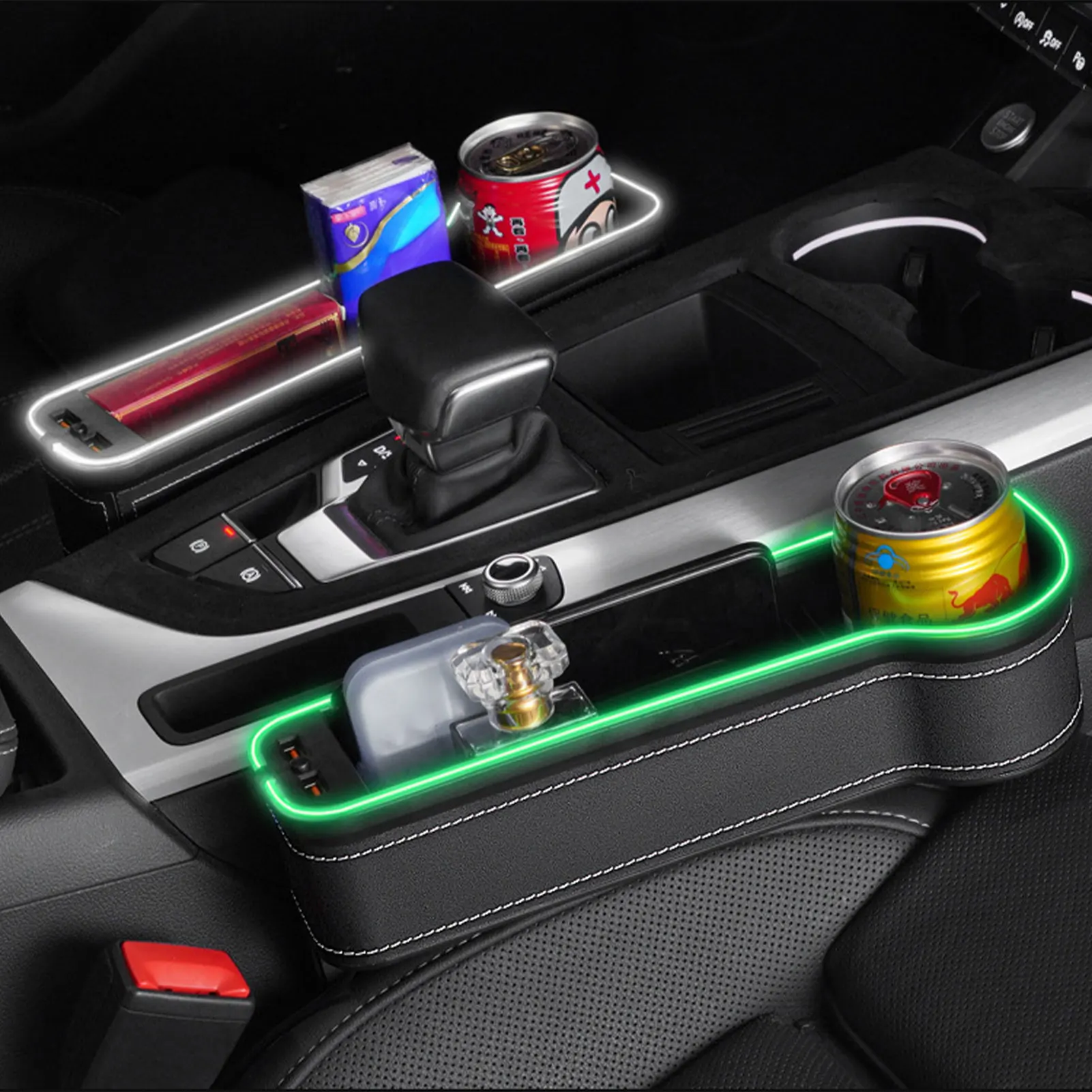

Automotive LED Car Seat Gap Filler Organizers with Dual USB Charging Ports Front Seat Storage Box for Bottles Cups Sunglasses
