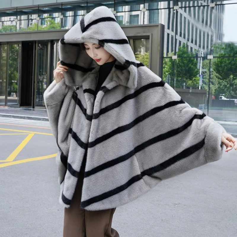 Autumn Winter Luxury Tops Faux Fur Jacket Mink Hair Flying Bat Fir Loose Hooded Warm Women's Coat Korean Fashion