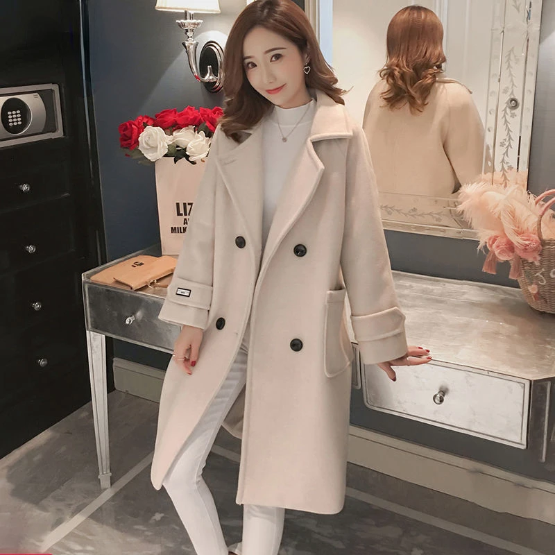 

Женское шерстяное пальто, корейское модное однотонное утепленное повседневное однобортное пальто с отворотом, Осень-зима 2022