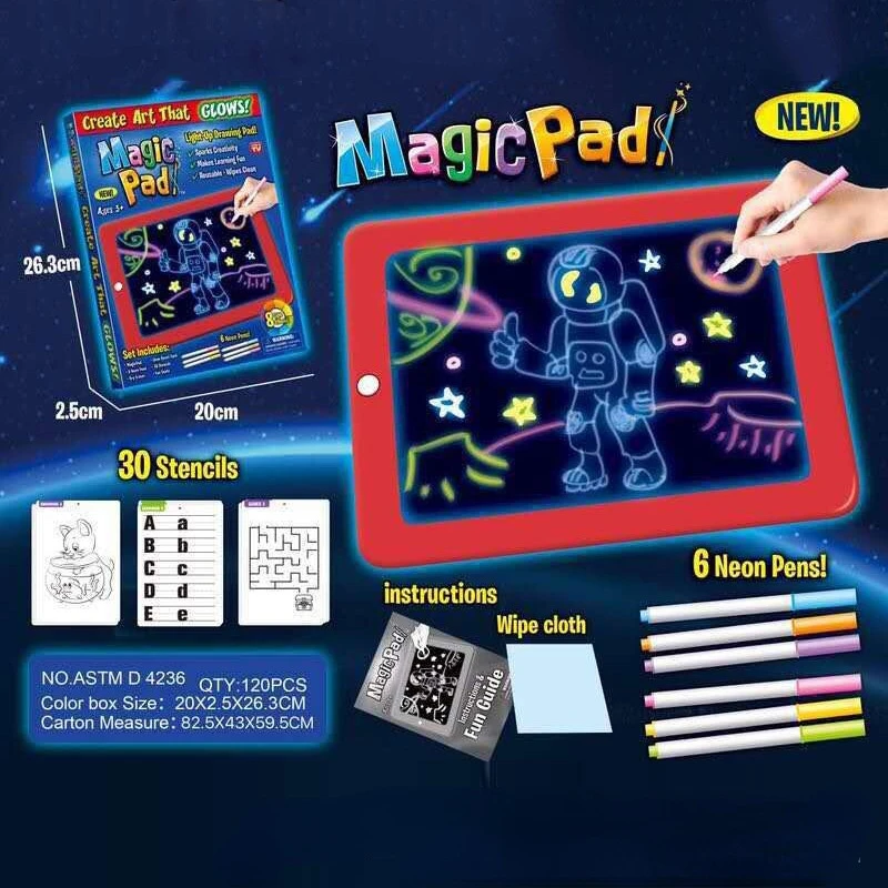 

3D Children's LED Fluorescent Writing Pad Graffiti Set Magic Glowing Drawing Toy plastic color box