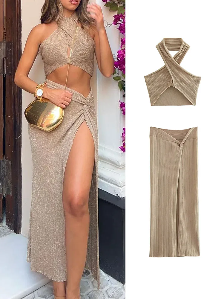 

TRAF 2023 Summer Women Sexy Camis Skirt Sets New Female Solid Cross Collar Super-Short Slim Tops+Bow Decoration Sheath Skirts