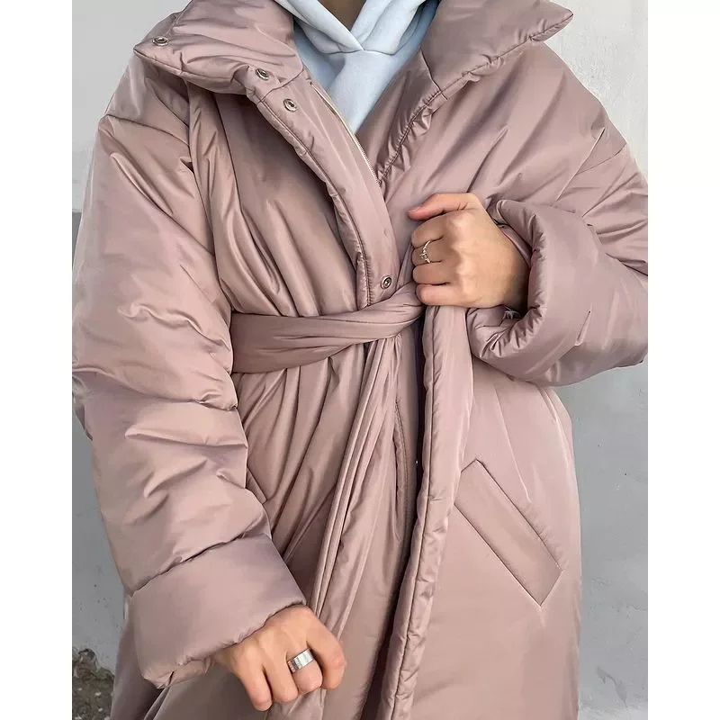 New2022 Winter Solid Hooded Parkas Women Fashion Tie Belt Collected Waisted Coats Women Elegant Long Cotton Jackets Female Ladie