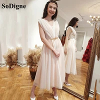 sodigne elegant tulle prom dresses beads belt formal evening gowns pleats tea length short women party dress 2022