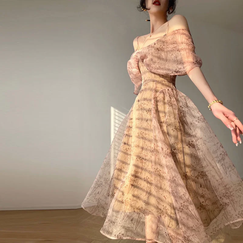 

WDMSNA French Ruffle Sleeve Suspender Dress Long Dress 2023 Summer Sweet Print Evening Dresses Slim Waist Patchwork Mesh Robe