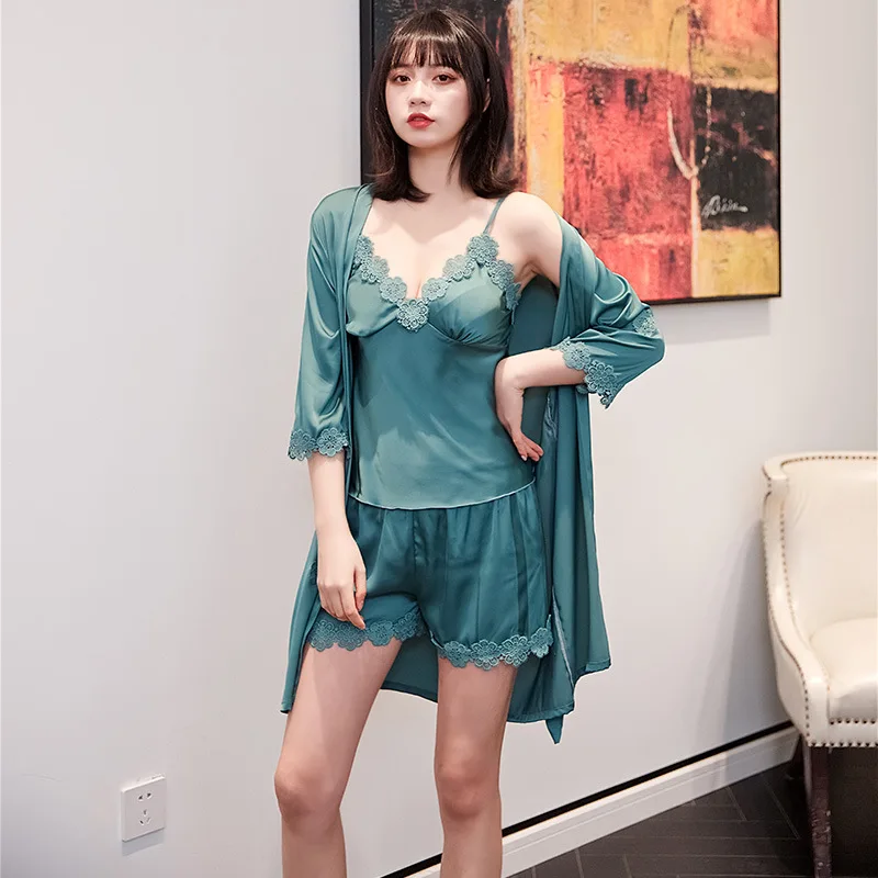 Пижамный комплект из 3 предметов халат пеньюар Женская атласная пижама пикантные