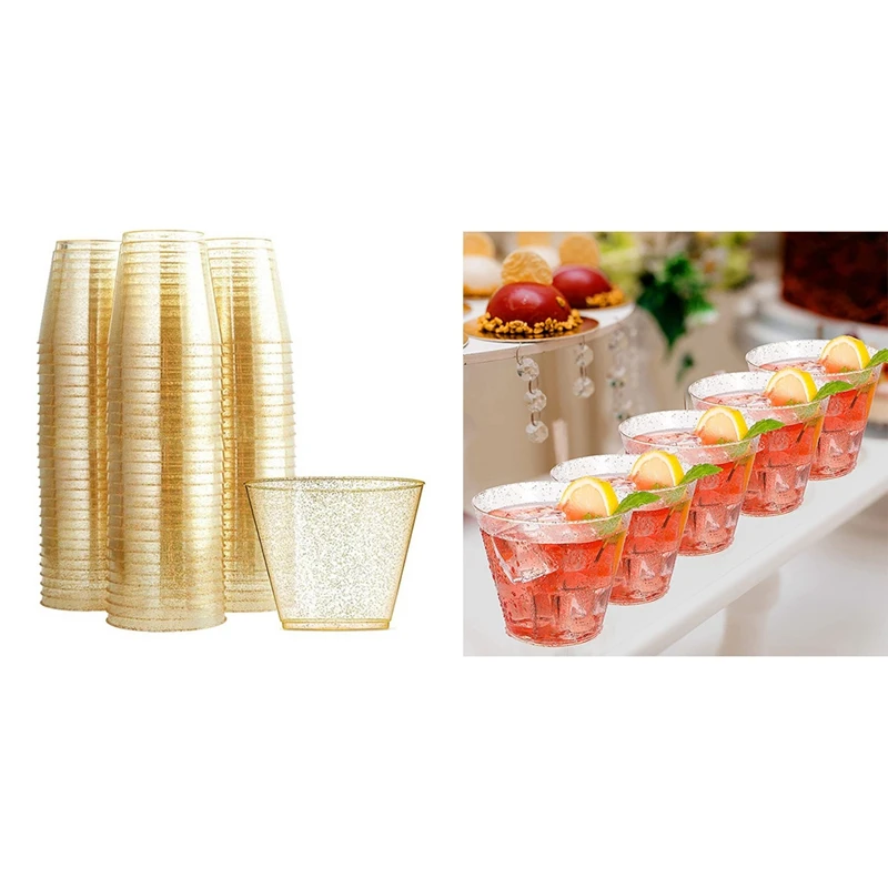 

HOT Gold Plastic Cups Clear Plastic Wine Glasses, Fancy Disposable Hard Plastic Cups with Gold Glitter for Party Cups