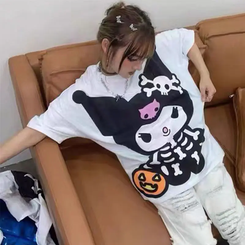 

Kuromi Kawaii T-Shirt Short Sleeve Jacket Leisure Skull Halloween Printed Loose Short Sleeve Crew Neck Sanrio