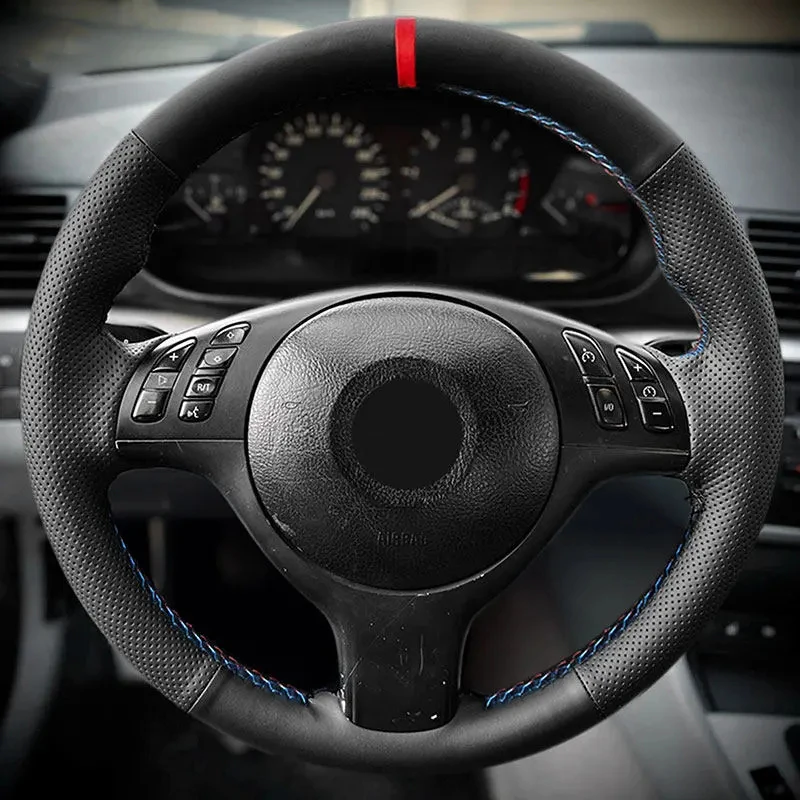 

Для BMW M Sport 3 5 Series E46 E39 M3 M5 оплетка для рук чехол рулевого колеса автомобиля черная перфорированная кожа красная синяя линия красная полоса