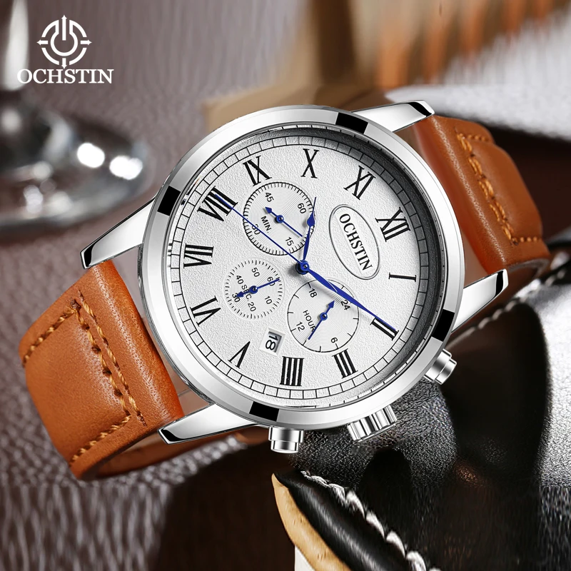 

Fashion OCHSTIN men's Watch voyager series simple chronograph wristwatch business casual calendar waterproof leather watches