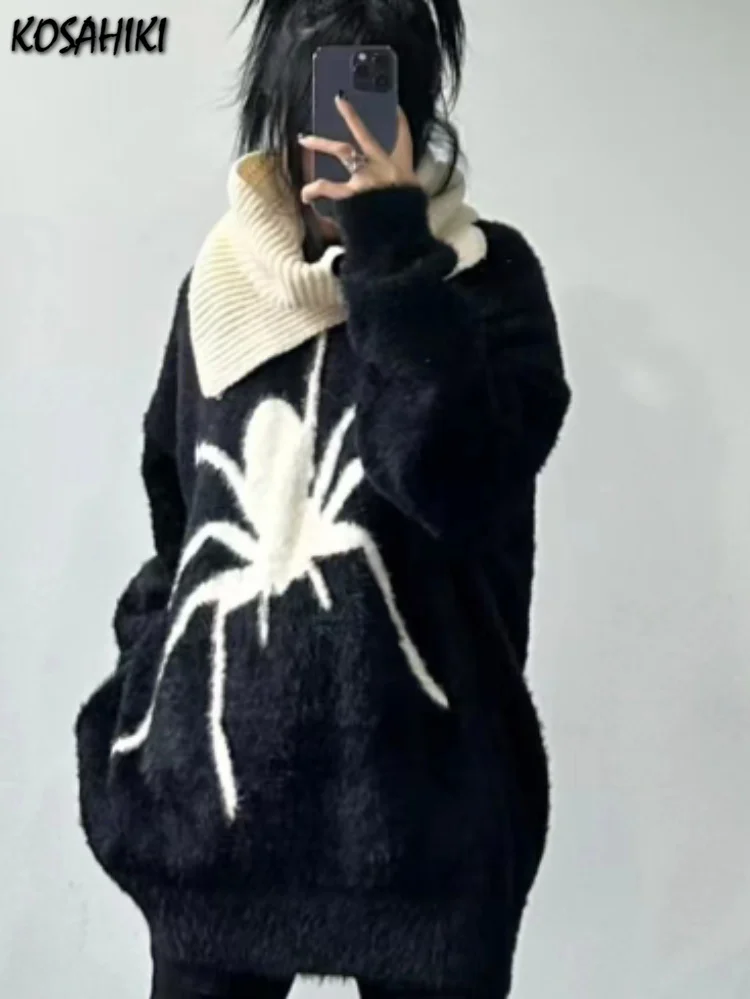 

Y2k Aesthetic Women Sweaters Mohair Soft O Neck Spring Korean Fashion Spider Jacquard Pull Femme Grunge Harajuku Loose Pullovers