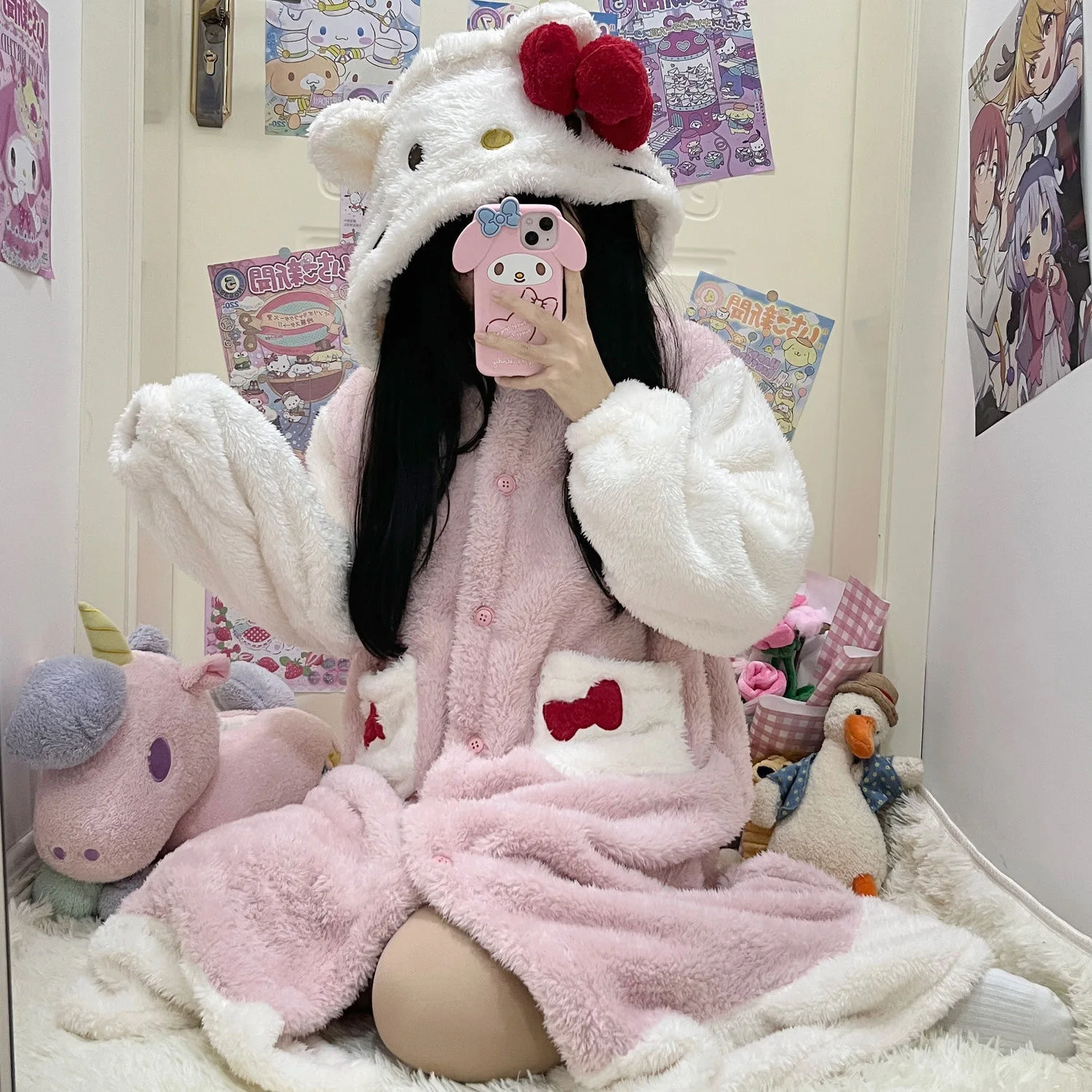 Kawaii Hello Kitty коралловый флисовый пижамный халат костюм Sanrio аниме плюшевая домашняя