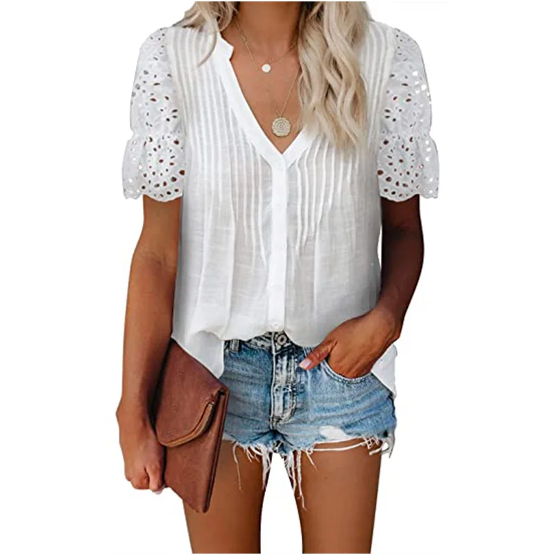 

White Breathable Chic Polyester Skintted Cutout Croset Retro Guangzhou Custom Regular Casual V Collar Summer Shirt