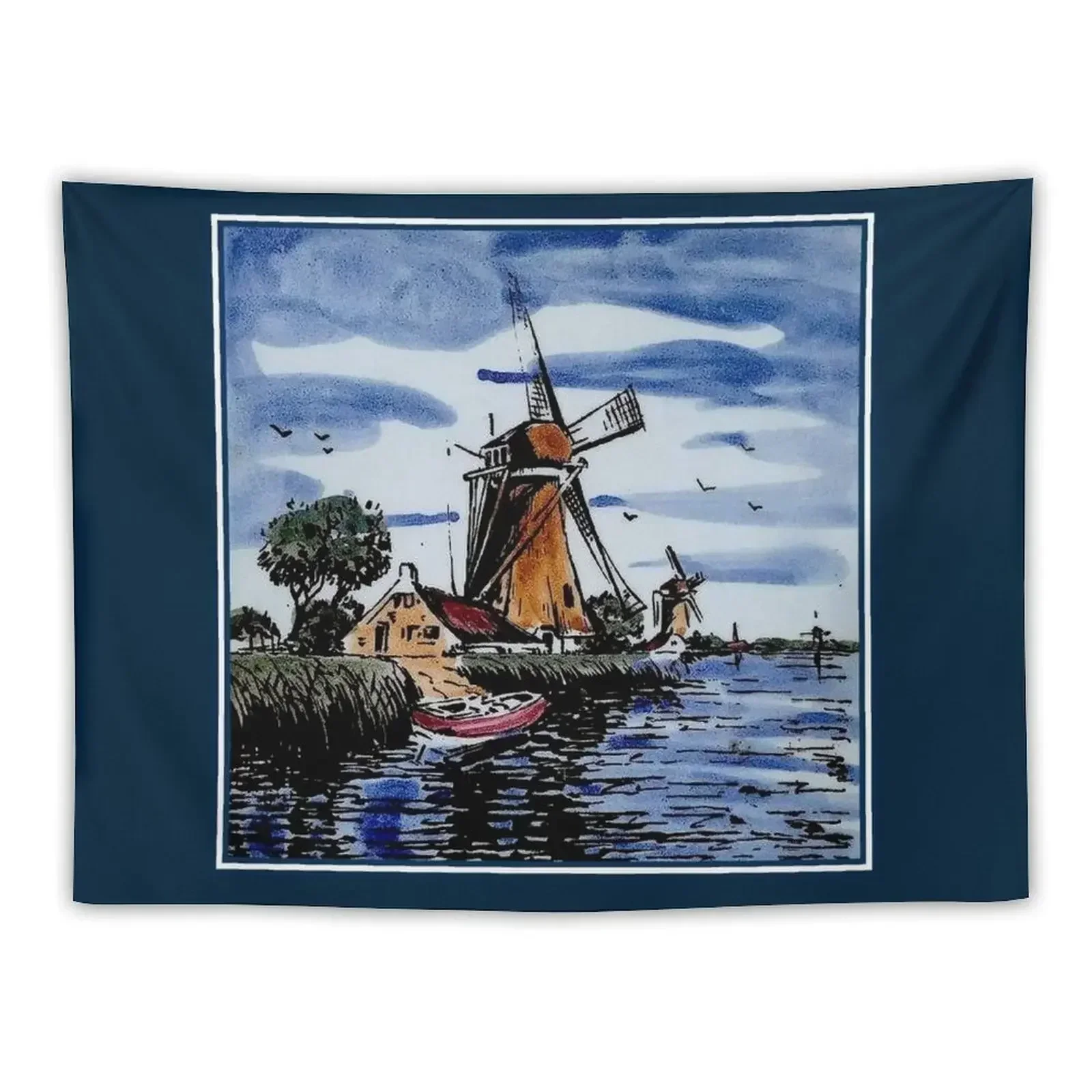 DUTCH BLUE DELFT: Винтажные красочные ветряные мельницы и лодка на реке гобелен с
