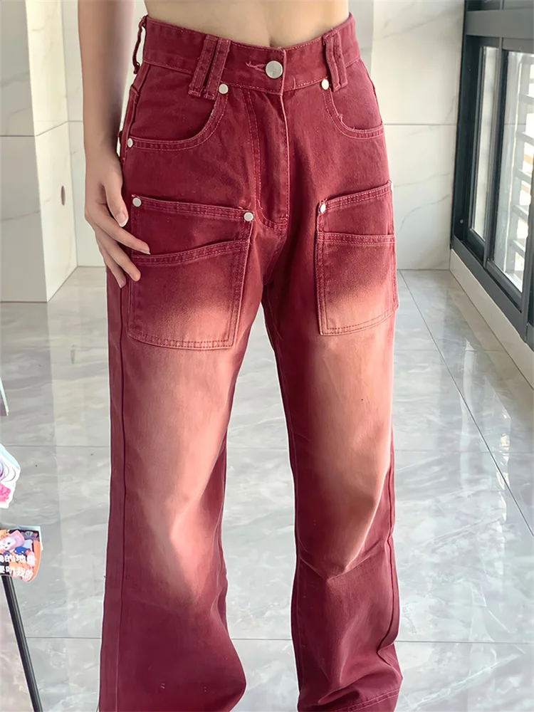 

Новинка 2023, уличная одежда, мешковатые джинсы, повседневные женские джинсовые брюки с высокой талией, Y2k, винтажные потертые широкие брюки, красные брюки