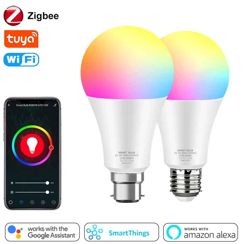 Светодиодная лампа Zigbee E27 с Wi-Fi, умная Лампа B22, RGB, лампы с регулируемой яркостью, RGBW, RGBCW, 110 В, 220 В, голосовое управление, работает с Alexa Google Home