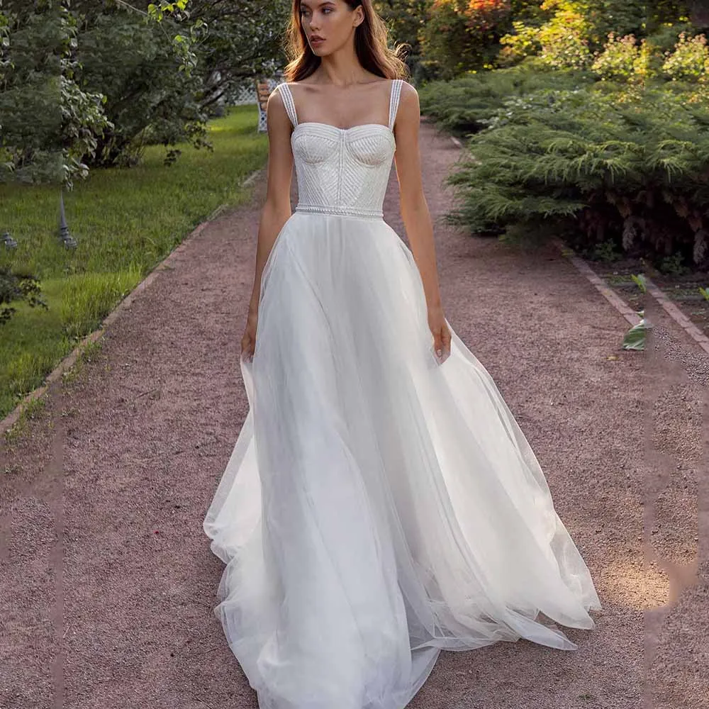 

Simple Bride Gowns Square Collar Sleeveless Spaghetti Straps Zipper Backless Wedding Dresses Tulle A-Line Vestido De Noiva