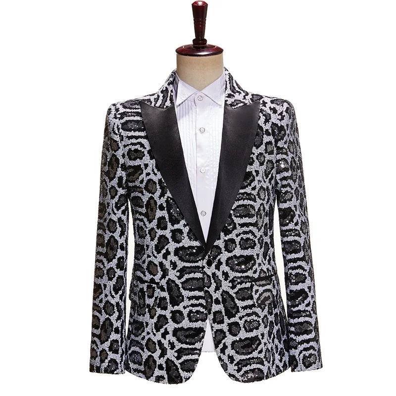 Men Shiny Sequins Leopard Pattern Blazer Suit Jacket Stylish Single Breasted Suit Blazers Men Party Prom Stage Singer Costumes