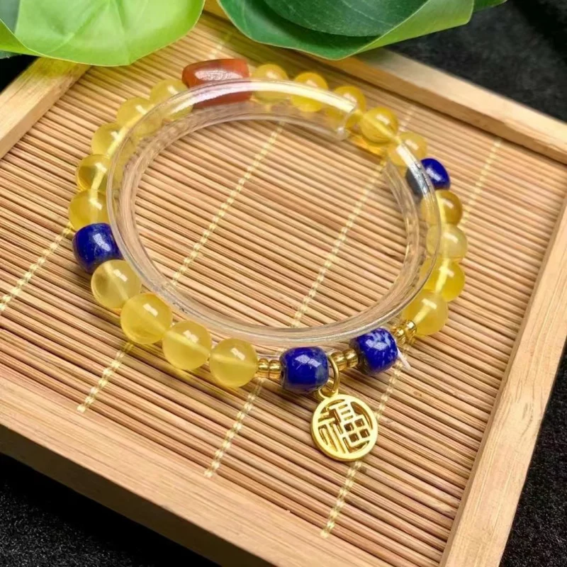 Браслет из натурального янтарного пчелиного воска с бусинами лазурита и