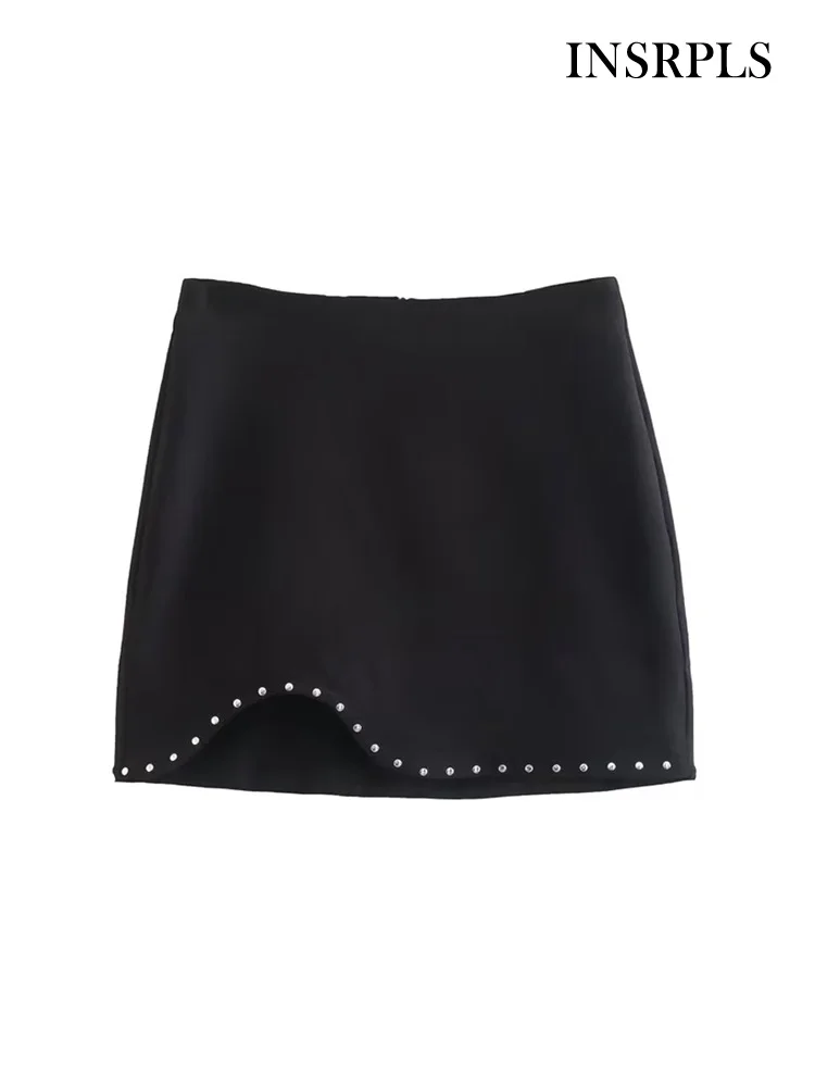 

INSRPLS Women Fashion With Studded Asymmetrical Mini Skirt Vintage High Waist Back Zipper Female Skirts Mujer