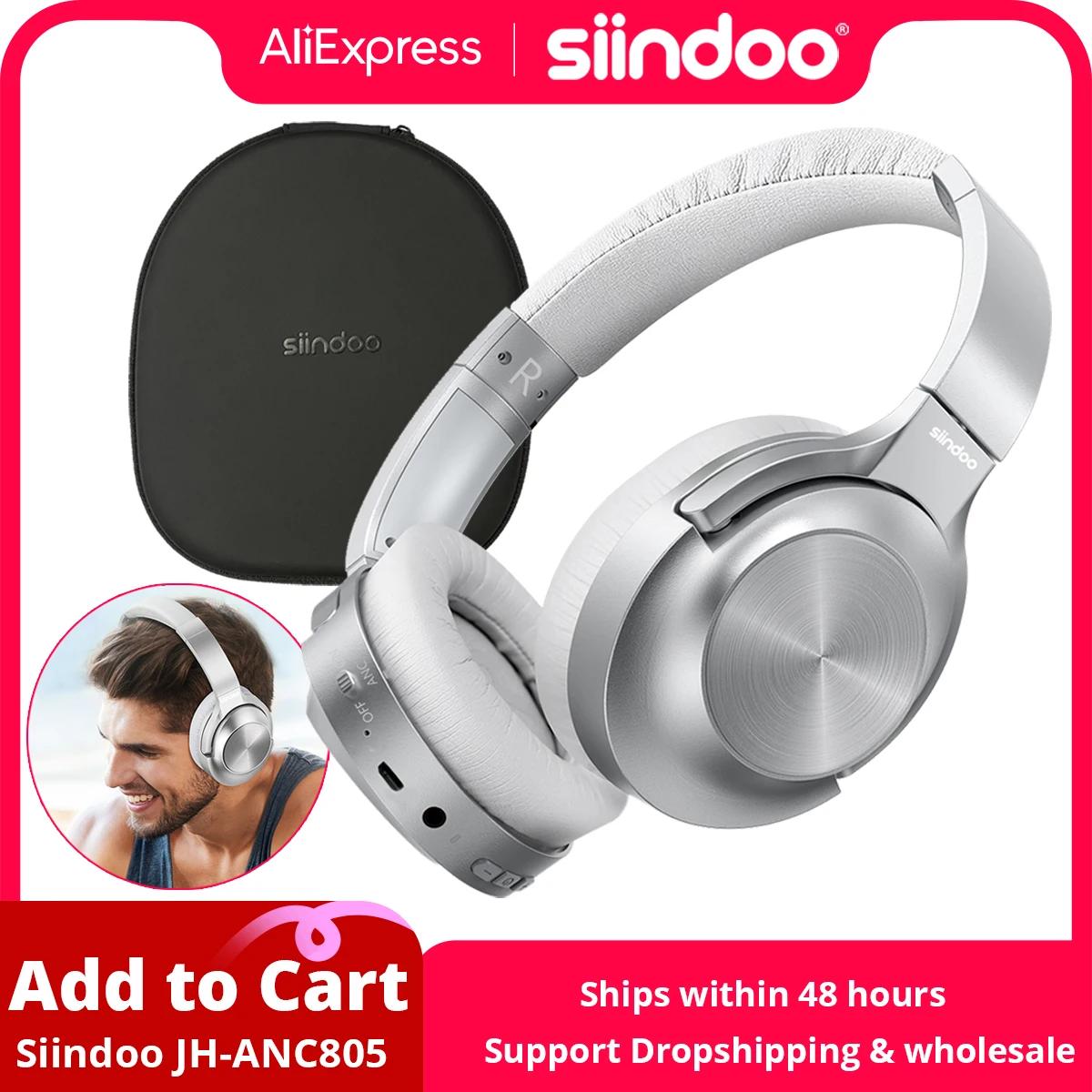 Siindoo JH-ANC805 Active Noise Cancelling Wireless Headphones Over Ear with Mic BT 5.3 HiFi Stereo Headset Deep Bass