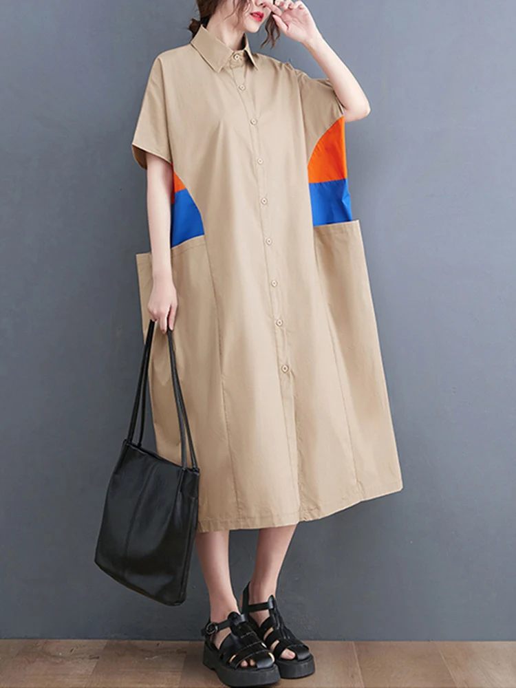 Женское винтажное платье-рубашка в горошек черное свободное повседневное