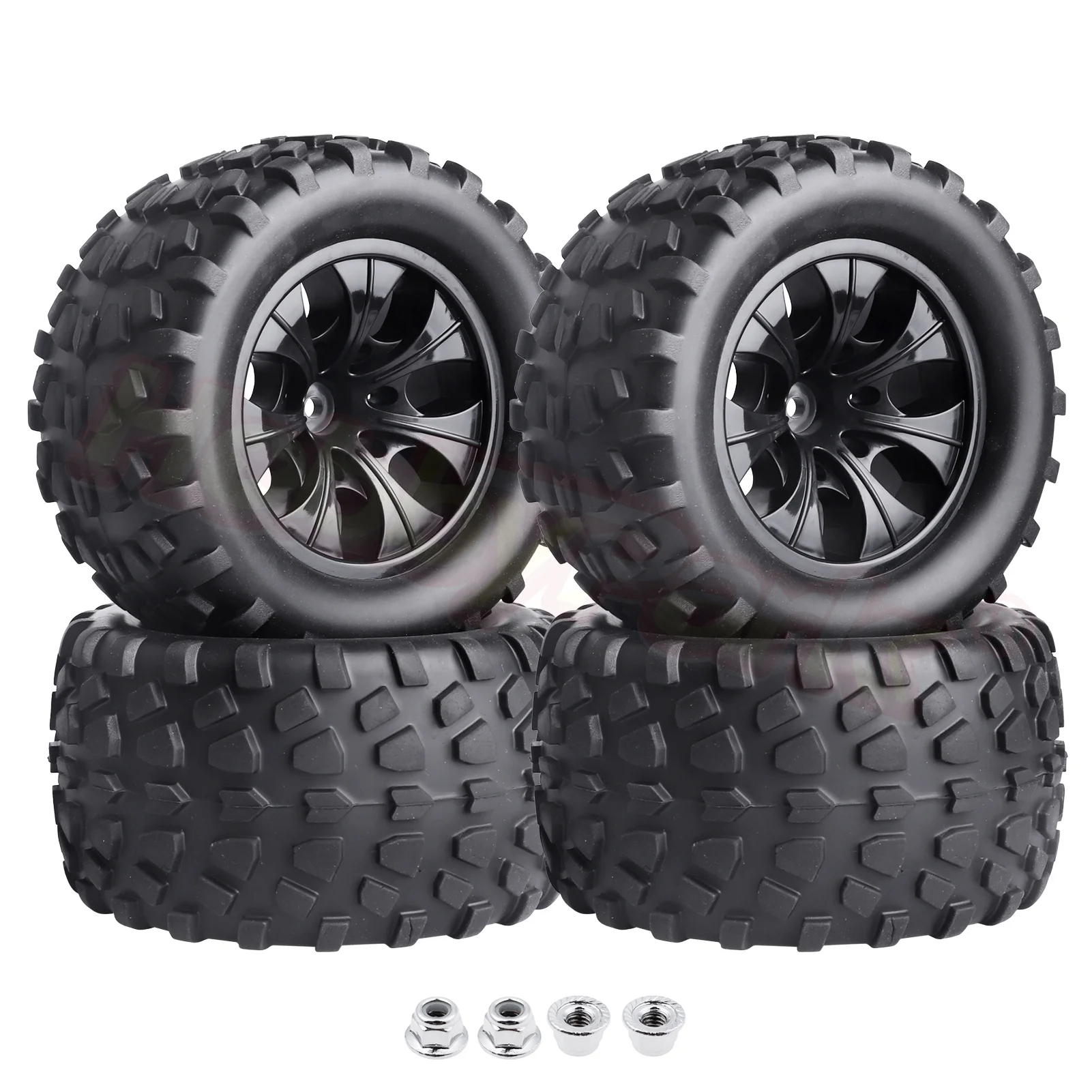 

4x RC Tires & Nylon Wheel Rims Foam Inserts 12mm Hex Hub for 1/10 Scale Monster Truck Redcat Volcano EPX Pro S30 Blackout XTE