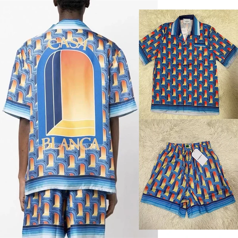 

Casablanca Silk Shirt Plaid Mirror Print Men's And Women's 1:1 Coastal Beach Long Sleeve Shirt