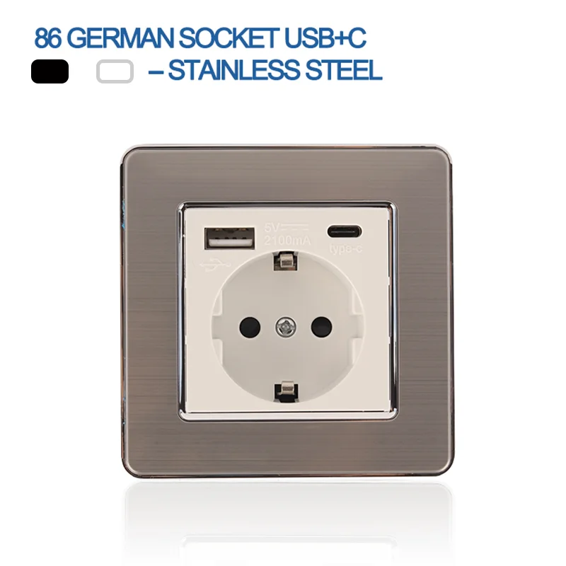 

EU Standard Electrical Outlet With USB TYPE C Port Power Socket White/Black stainless steel panel 86mm*86mm 16A Wall Socket
