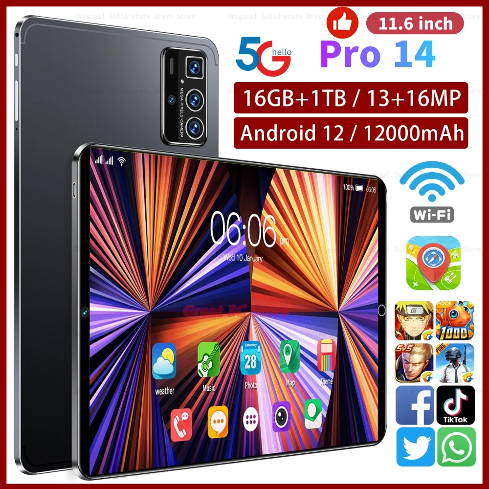 

2023 New Original Global Version Pro 14 Tablet Android 12.0 13+16MP 12000mAh 11.6 Inch Tablets 4G/5G Dual SIM Card Wifi HD Scree
