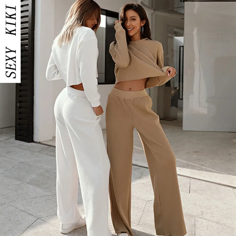 

2022 women's autumn and winter new casual sweater suit two-piece women's chic fashion solid color suit