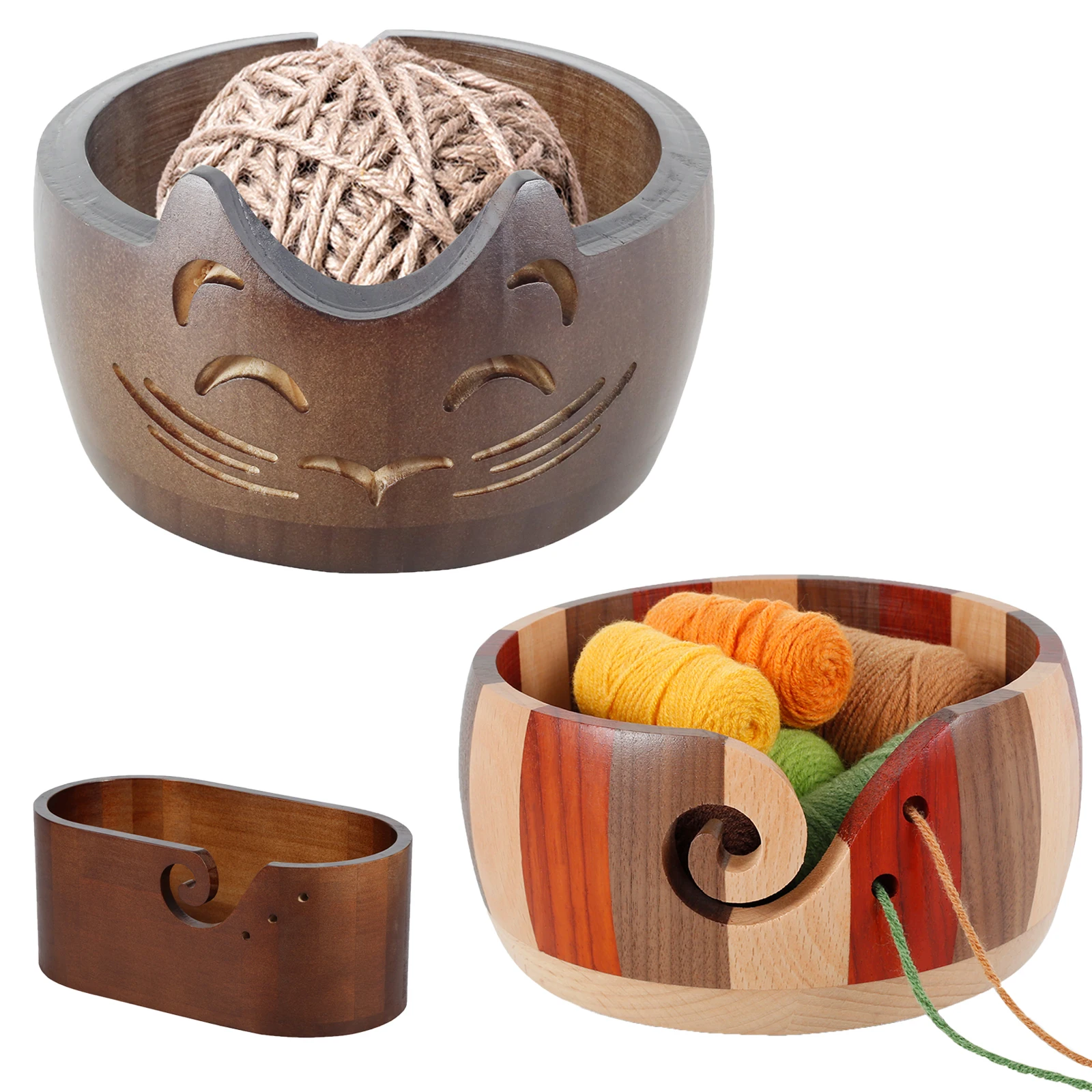 Деревянная Миска Для Пряжи Уютный Кошачий Дизайн Корзина Хранения Крючком