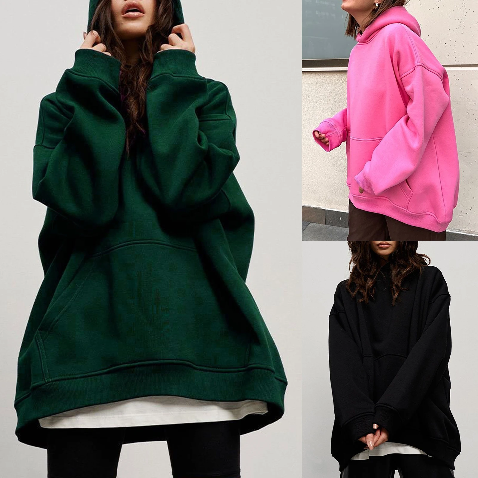 

Однотонные толстовки с капюшоном, Женский пуловер с длинным рукавом и карманами, спортивный стиль, свободный крой, уличная одежда, повседневные топы из смешанного хлопка
