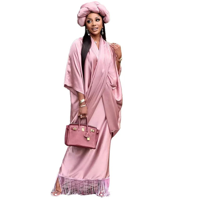African Dresses for Women Pink 2 Piece Sets Outfit Front Crossed Tops and Spaghetti Tassel Inner Dress African Clothes for Women