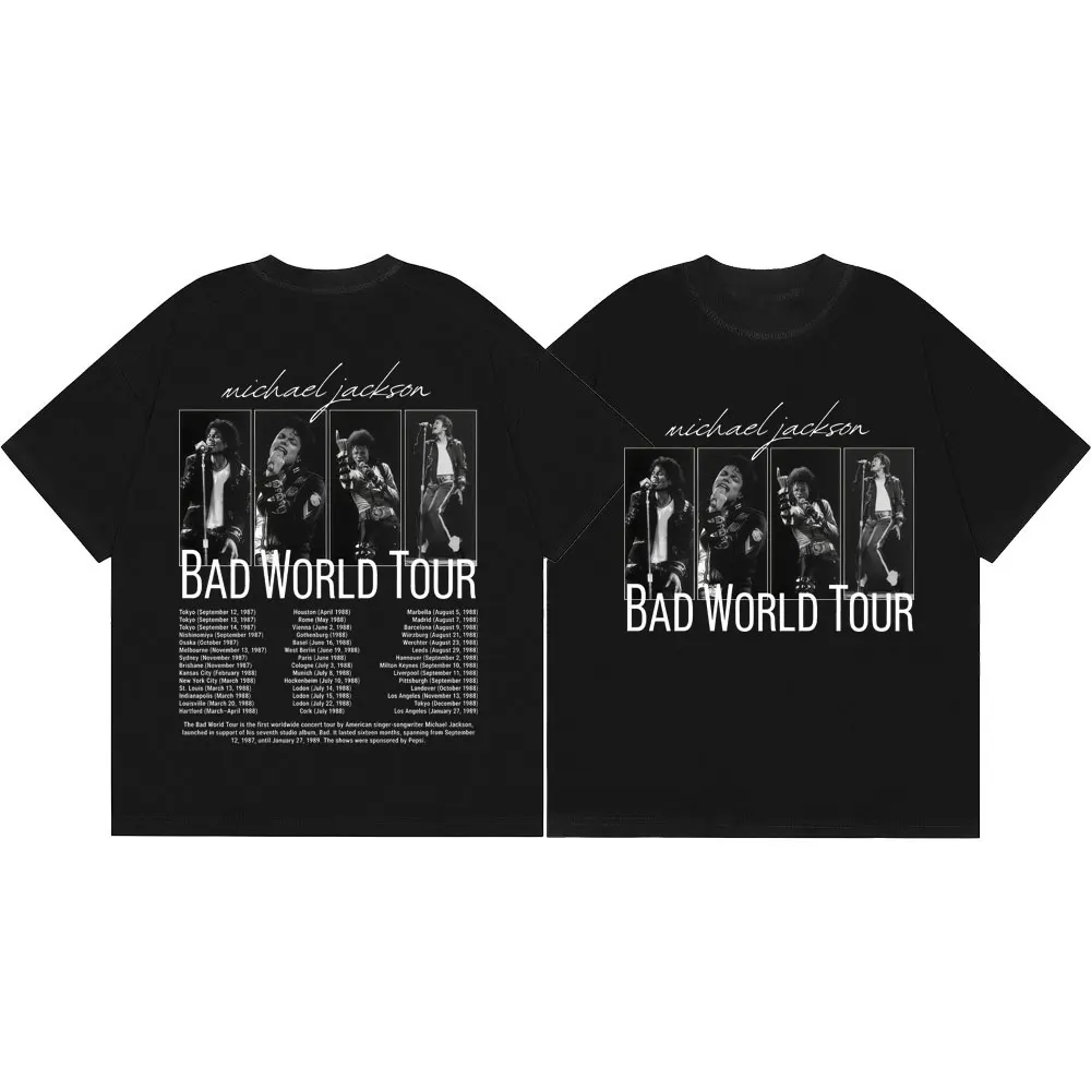 Фото Футболки с графическим принтом Rock Singer Michael Jackson Bad World Tour, модные винтажные футболки для мужчин и женщин, летние повседневные футболки из 100% хлопка №1