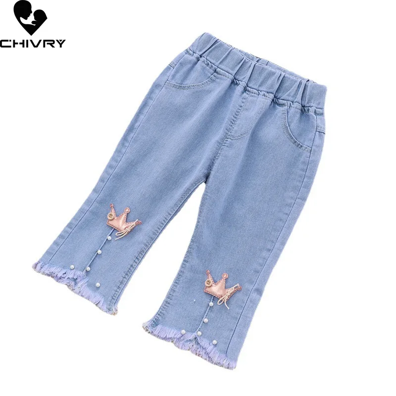 

Новинка 2022, детские модные джинсы, длинные брюки, брюки для девочек, Классические джинсовые брюки с бантом и вышивкой короной, детские джинс...