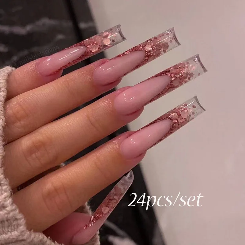 

24pcs Fake Nails With Glue Flower Design Long Coffin French Ballerina Nail Top Full Cover Acrylic Wearing Nail Tips Press Ons